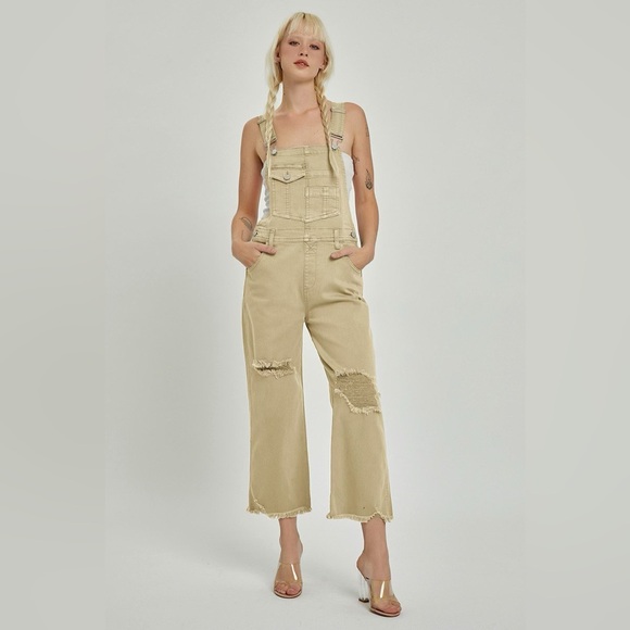 Risen Jeans Denim - RDP5500 SAND Risen High Rise Distressed Straight Overalls